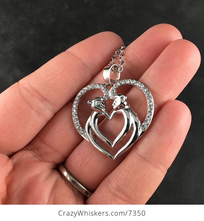 Monkey Couple Forming a Heart Silver and Rhinestone Jewelry Necklace Pendant - #BQCeg4aESNQ-3