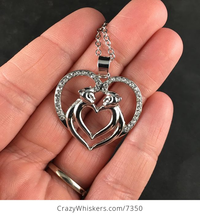 Monkey Couple Forming a Heart Silver and Rhinestone Jewelry Necklace Pendant - #BQCeg4aESNQ-1