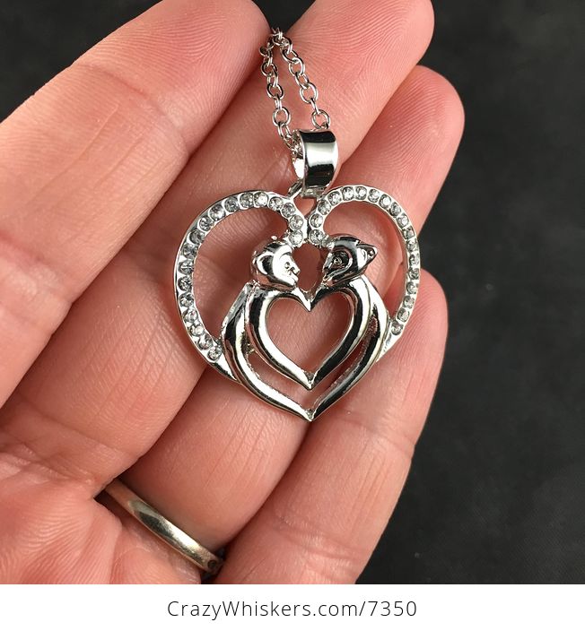 Monkey Couple Forming a Heart Silver and Rhinestone Jewelry Necklace Pendant - #BQCeg4aESNQ-2