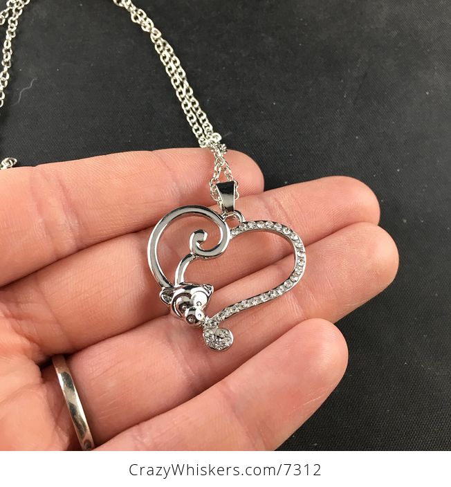 Monkey Forming Half of a Silver Heart with Rhinestones Jewelry Necklace Pendant - #QxIA9LHXn54-3