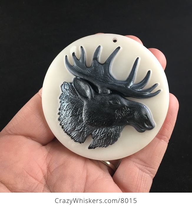 Moose Carved Black Jasper and White Jade Stone Jewelry Pendant - #5kSq9QOu5NA-1
