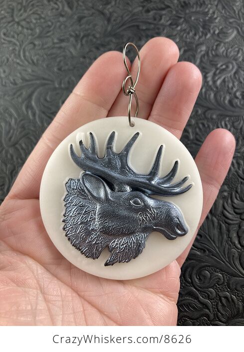 Moose Carved Black Jasper and White Jade Stone Jewelry Pendant - #lXXhOl0vN4g-1