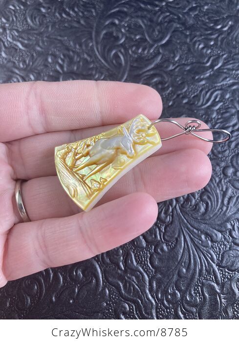 Moose Carved in Mother of Pearl Shell Mini Art Ornament Pendant Jewelry - #HF43e4tycFY-3