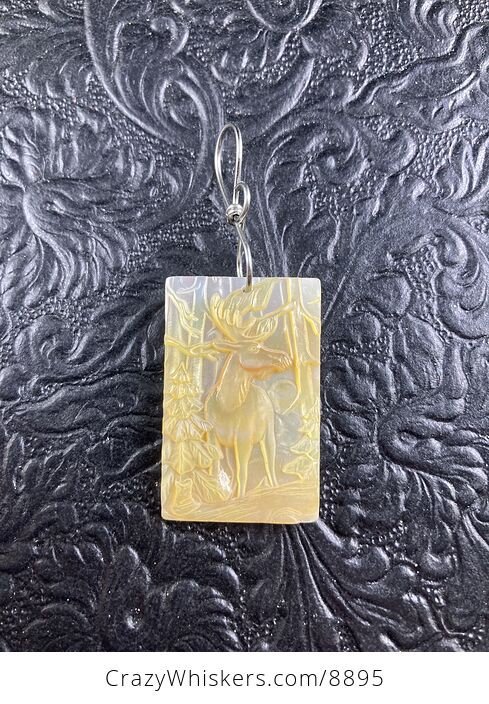 Moose Carved in Mother of Pearl Shell Mini Art Ornament Pendant Jewelry - #mP72QG6X86o-1
