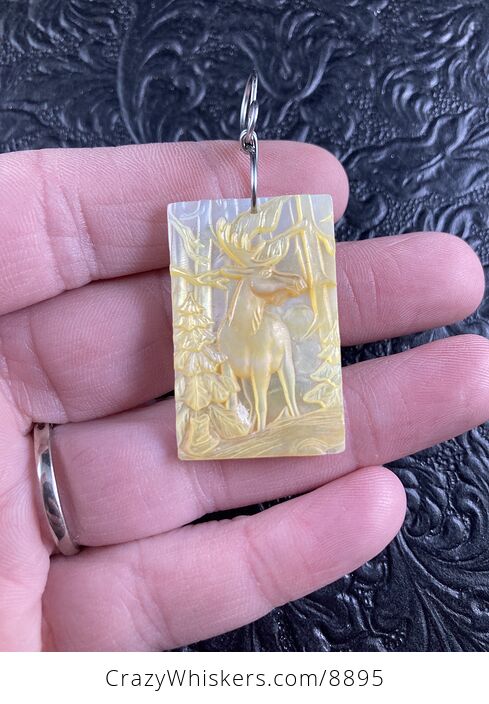 Moose Carved in Mother of Pearl Shell Mini Art Ornament Pendant Jewelry - #mP72QG6X86o-2