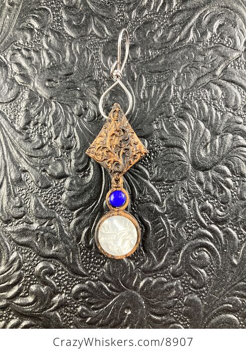 Moose Carved in Mother of Pearl Shell with Lapis Lazuli on Wood Mini Art Ornament Pendant Jewelry - #FqotWV4fU7A-4
