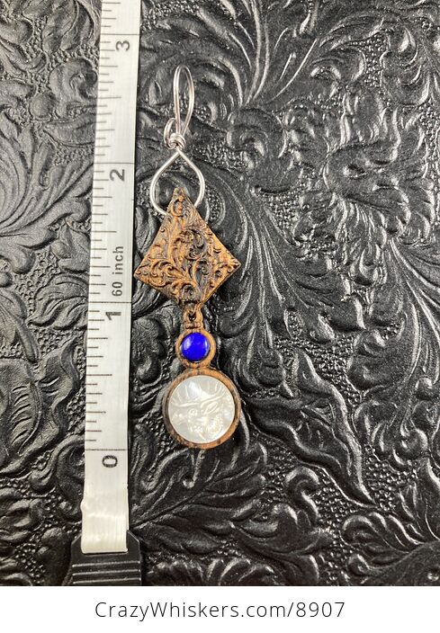 Moose Carved in Mother of Pearl Shell with Lapis Lazuli on Wood Mini Art Ornament Pendant Jewelry - #FqotWV4fU7A-5