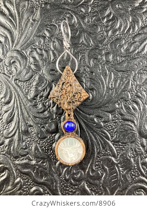 Moose Carved in Mother of Pearl Shell with Lapis Lazuli on Wood Mini Art Ornament Pendant Jewelry - #ai840DtmdXA-4