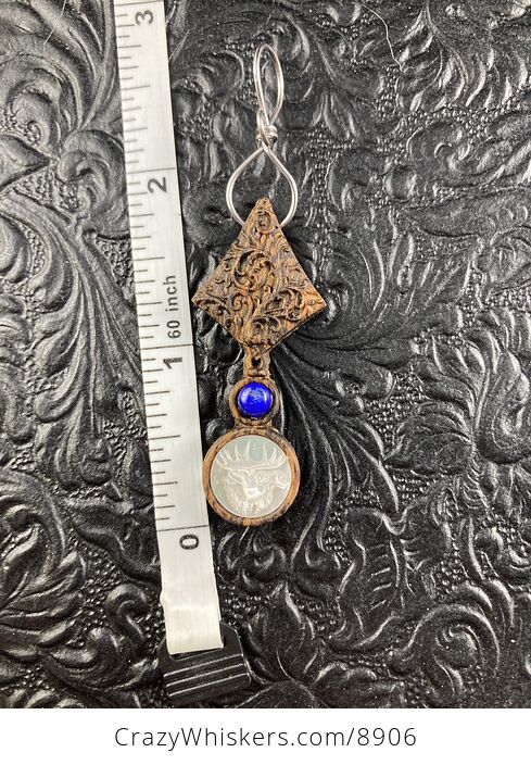 Moose Carved in Mother of Pearl Shell with Lapis Lazuli on Wood Mini Art Ornament Pendant Jewelry - #ai840DtmdXA-5