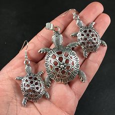 Necklace and Earrings Jewelry Set of Silver Tone Cute Sea Turtles #PJkmkR8wUW0