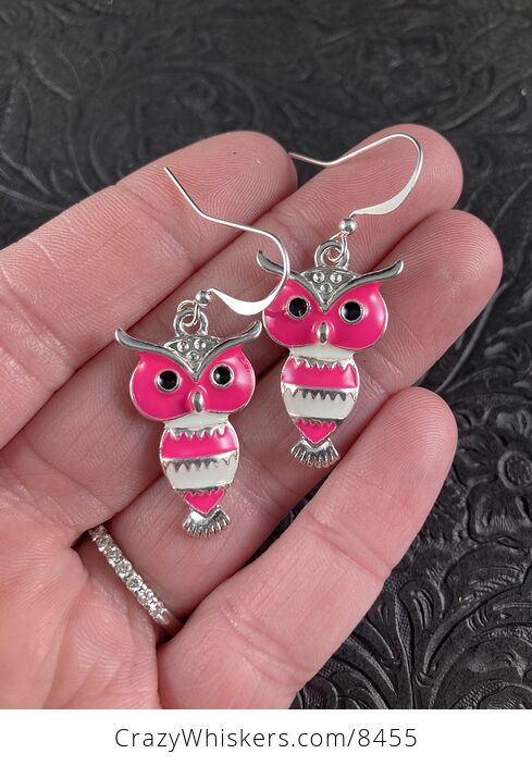 Neon Hot Pink and White Owl Jewelry Earrings - #pEssVeXZIjM-1
