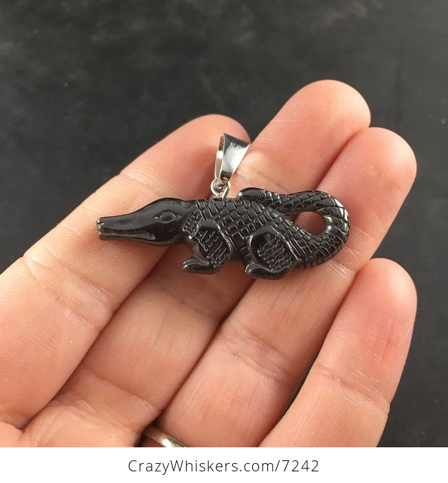 Non Magnetic Black Hematite Carved Crocodile Alligator Jewelry Pendant - #eNFktdgR11A-1