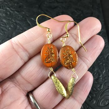 Orange and Gold Glass Kitty Cat and Dagger Earrings #AZ1v1Er6hK0