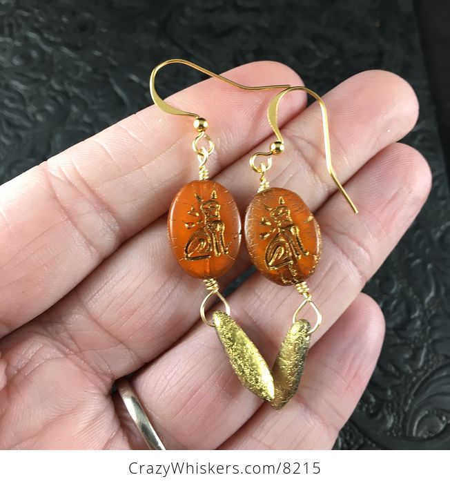 Orange and Gold Glass Kitty Cat and Dagger Earrings - #AZ1v1Er6hK0-1