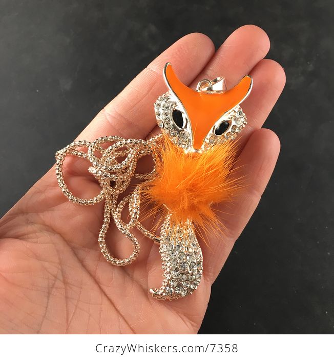 Orange Puff and Rhinestone Wiggly Fox Bling Pendant Jewelry Necklace - #OUYWHiJuo9E-1