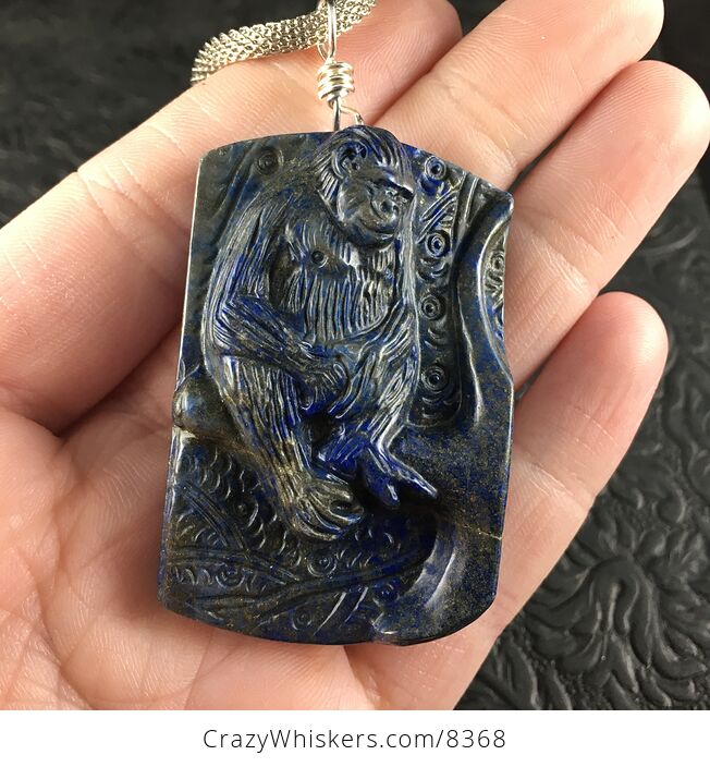 Orangutan Monkey Carved Lapis Lazuli Stone Pendant Necklace Jewelry - #PoYEySHVyh4-1