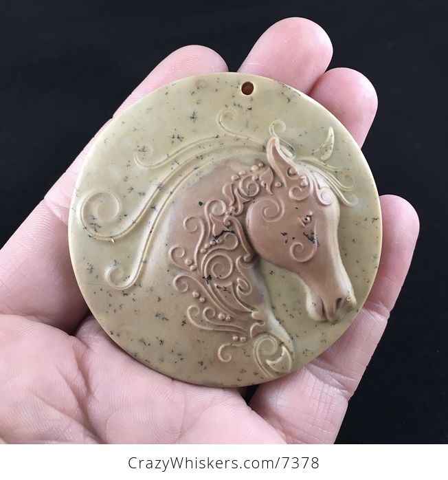 Ornate Horse Carved Ribbon Jasper Stone Pendant - #4VSgQ8F3dBM-1