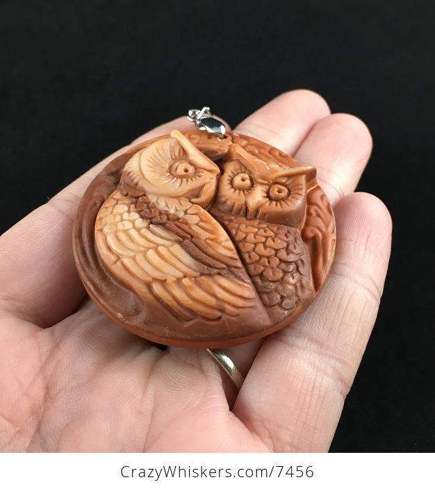 Owl Couple Carved Red Jasper Stone Pendant Jewelry - #WnDQ1odHcyM-2