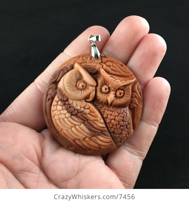 Owl Couple Carved Red Jasper Stone Pendant Jewelry - #WnDQ1odHcyM-1