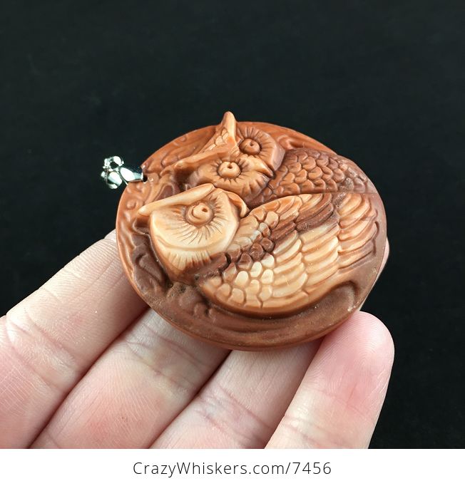 Owl Couple Carved Red Jasper Stone Pendant Jewelry - #WnDQ1odHcyM-4