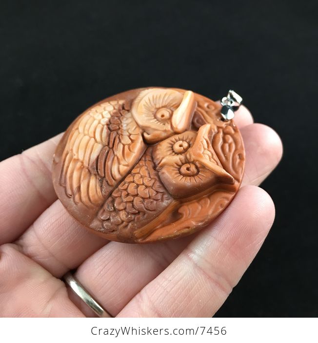 Owl Couple Carved Red Jasper Stone Pendant Jewelry - #WnDQ1odHcyM-3