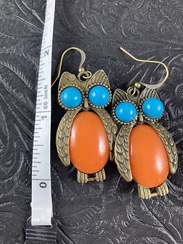 Owl Earrings with Blue Eyes and Orange Bodies on Vintage Brass Tone #RnbbhWxDex8