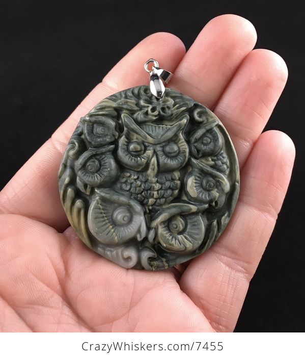 Owl Family Carved Ribbon Jasper Stone Pendant Jewelry - #9QYiAlpoGLc-1