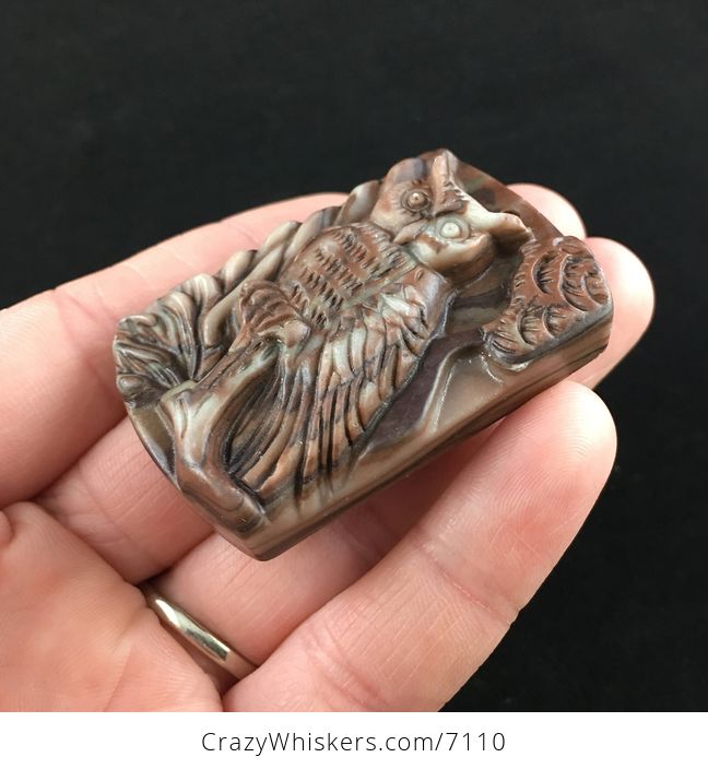 Owl in a Tree Carved Ribbon Jasper Stone Pendant Jewelry - #oQTu1cOzMv8-3