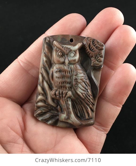 Owl in a Tree Carved Ribbon Jasper Stone Pendant Jewelry - #oQTu1cOzMv8-1