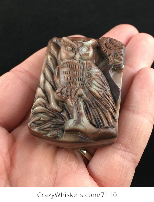 Owl in a Tree Carved Ribbon Jasper Stone Pendant Jewelry - #oQTu1cOzMv8-2