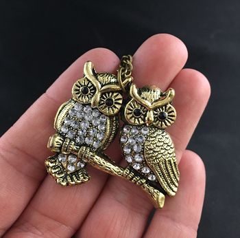 Pair of Owls Pendant with Rhinestones on Textured Gold Tone Metal #q8dWigwgtfs