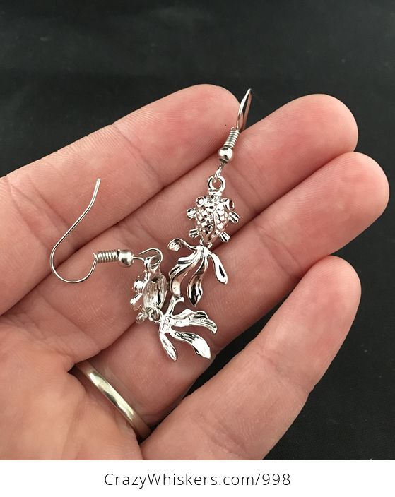 Pair of Silver Tone Wiggly Goldfish Earrings with Red Rhinestone Eyes and Hypo Allergenic Stainless Steel Hooks - #W0Wj76V58jA-1