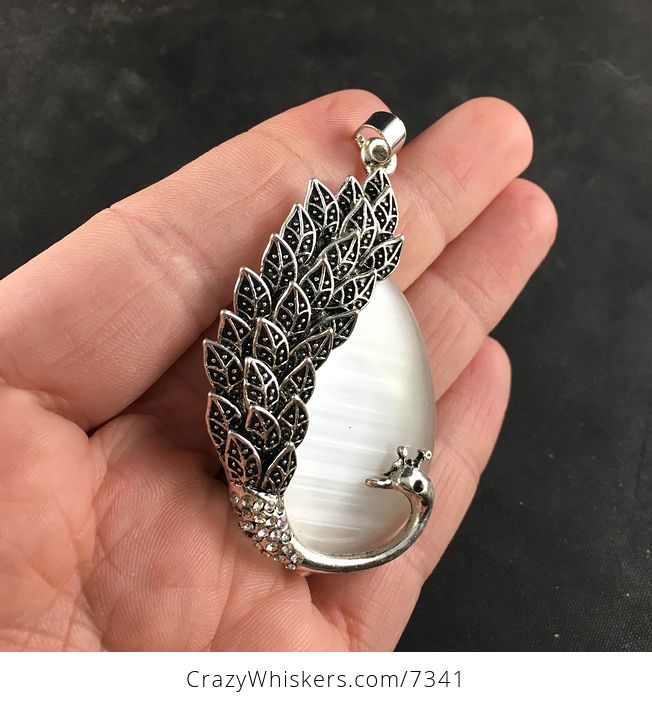 Peacock and Synthetic White Cat Eye Stone Jewelry Necklace Pendant - #VorTMiyCWcM-2