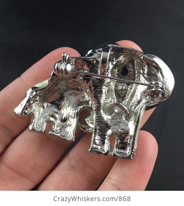 Pearlescent Rhinestone and Silver Tone Elephant and Baby Brooch Pin and Pendant - #57u7QBWbiww-2