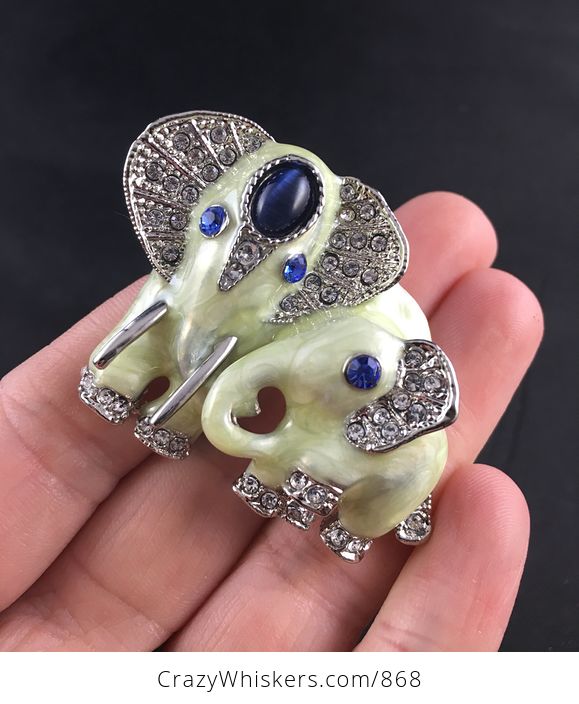 Pearlescent Rhinestone and Silver Tone Elephant and Baby Brooch Pin and Pendant - #57u7QBWbiww-1