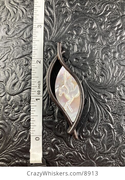 Pegasus Carved in Mother of Pearl Shell on Wood Pendant Jewelry Mini Art Ornament - #5ReVTtmM64I-5