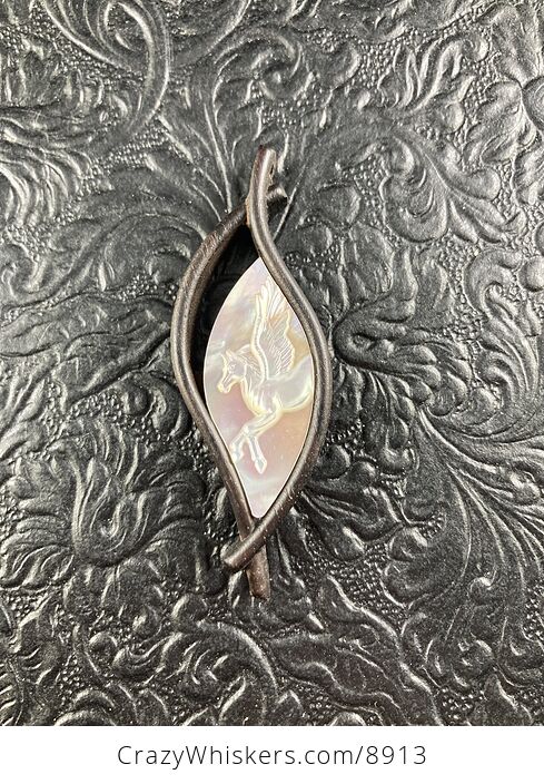Pegasus Carved in Mother of Pearl Shell on Wood Pendant Jewelry Mini Art Ornament - #5ReVTtmM64I-4