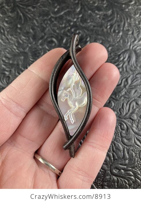 Pegasus Carved in Mother of Pearl Shell on Wood Pendant Jewelry Mini Art Ornament - #5ReVTtmM64I-1