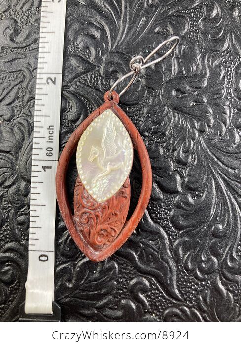 Pegasus Carved in Mother of Pearl Shell on Wood Pendant Jewelry Mini Art Ornament - #94VfpNnF33E-2