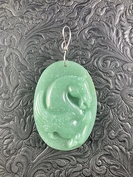 Pegasus Horse Carved in Green Aventurine Stone Jewelry Pendant #F86F2YD3nx4