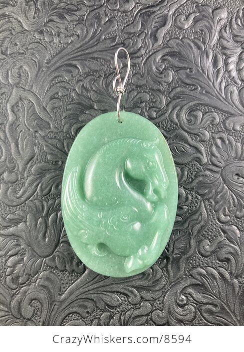 Pegasus Horse Carved in Green Aventurine Stone Jewelry Pendant - #F86F2YD3nx4-1