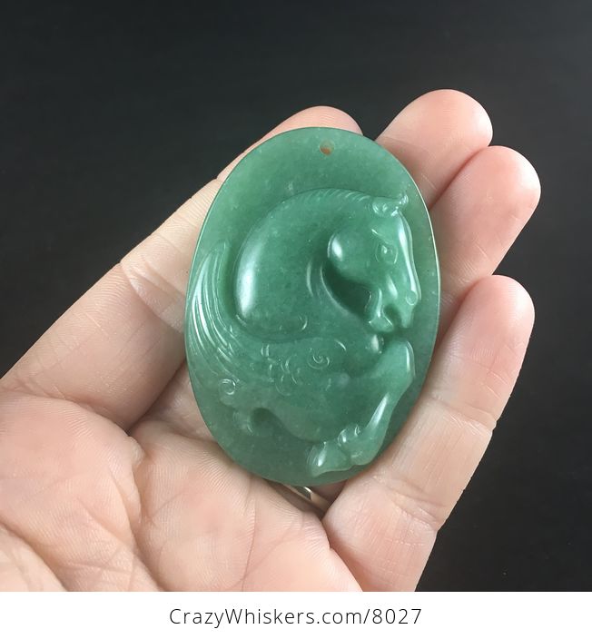 Pegasus Horse Carved in Green Aventurine Stone Jewelry Pendant - #R9zq0mRLKeM-1