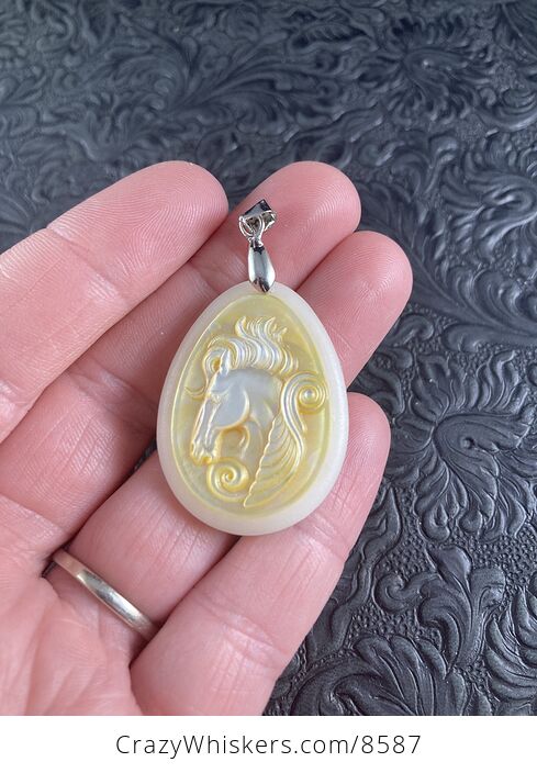 Pegasus Mother of Pearl Carved and Jade Stone Jewelry Pendant - #sWXB4JR3Zww-1