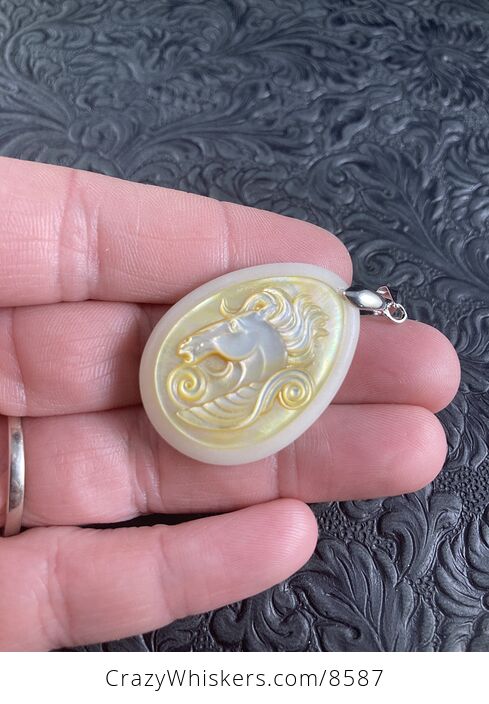 Pegasus Mother of Pearl Carved and Jade Stone Jewelry Pendant - #sWXB4JR3Zww-2
