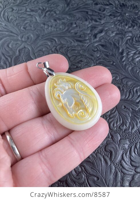 Pegasus Mother of Pearl Carved and Jade Stone Jewelry Pendant - #sWXB4JR3Zww-3