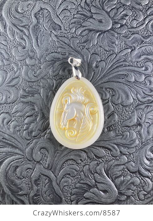 Pegasus Mother of Pearl Carved and Jade Stone Jewelry Pendant - #sWXB4JR3Zww-4