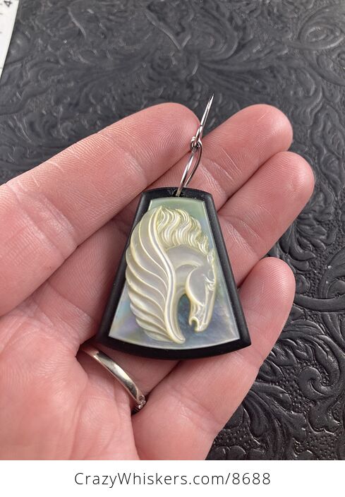 Pegasus Mother of Pearl Carved and Jasper Stone Jewelry Pendant - #8Qu6sJgETTg-1