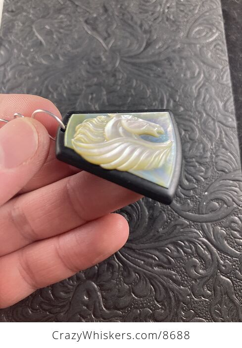 Pegasus Mother of Pearl Carved and Jasper Stone Jewelry Pendant - #8Qu6sJgETTg-5