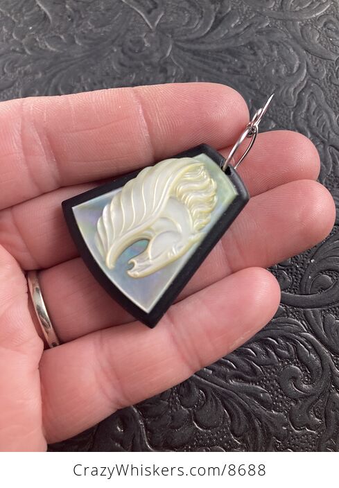 Pegasus Mother of Pearl Carved and Jasper Stone Jewelry Pendant - #8Qu6sJgETTg-4