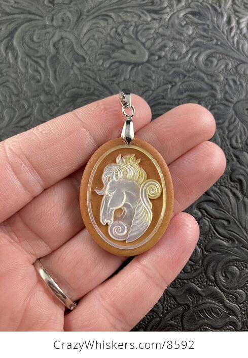Pegasus Mother of Pearl Carved and Jasper Stone Jewelry Pendant - #A4cjeInazao-1